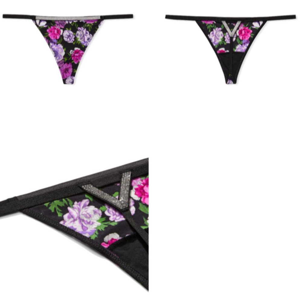 VS M Very Sexy Bombshell Shine V-String Panty Purple Black Floral Thong NWT - Picture 13 of 16